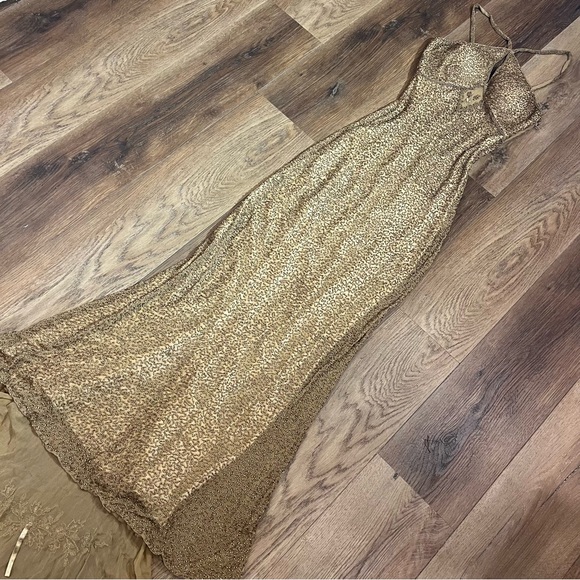 Vintage 100% Silk Beaded Dress Gold Beaded Dress Train Sheer Silk Fairy Prom - Picture 3 of 17